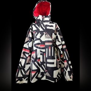 Stylish Black and White Patterned Jacket with Red Accents